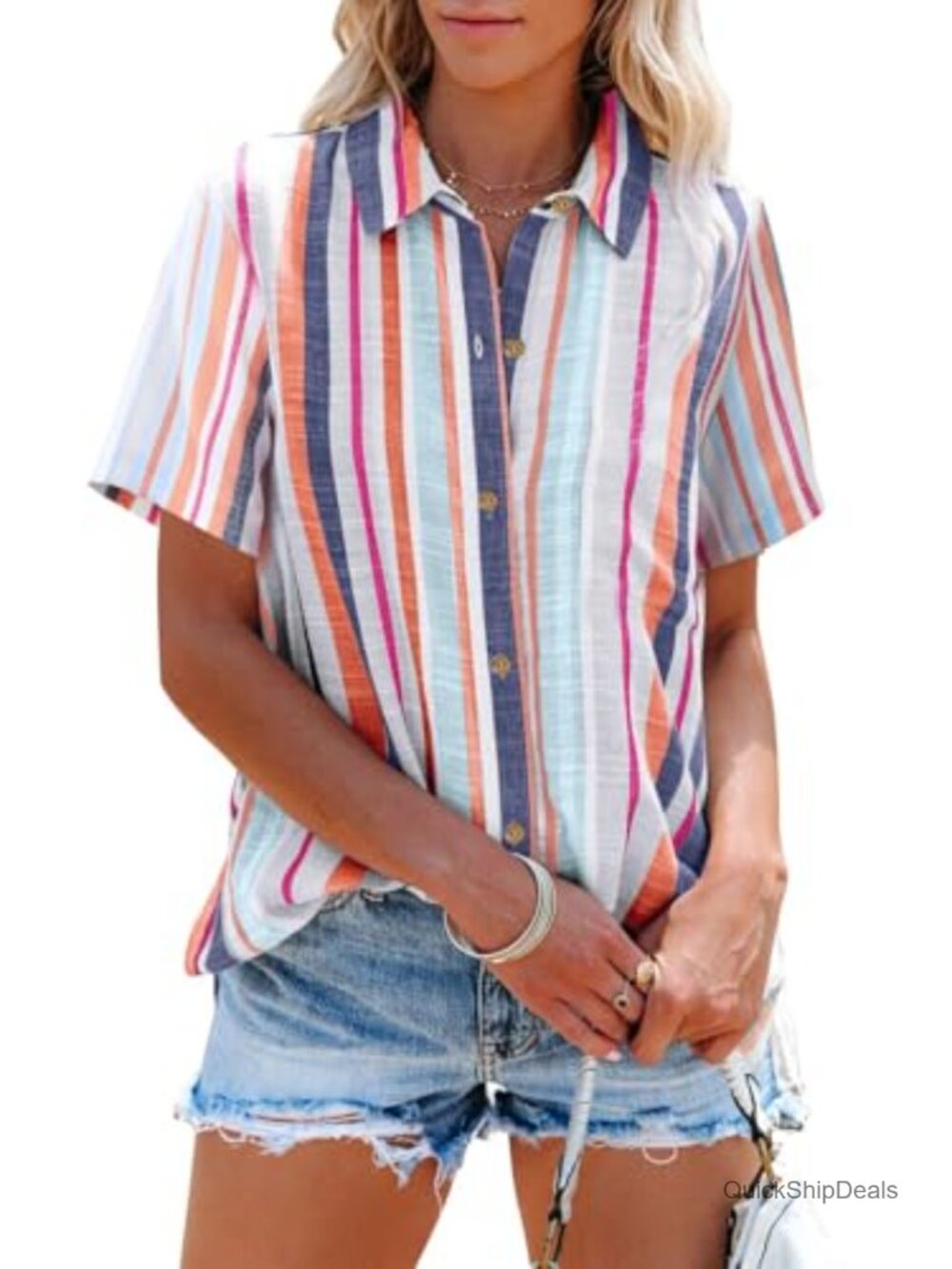 Womens Linen Short Sleeve Button Down Shirt V-Neck Casual Summer Vacation Top